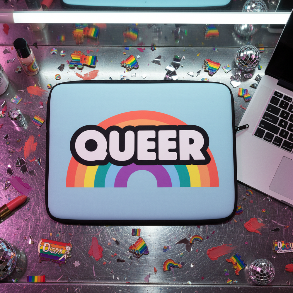 Queer Rainbow Laptop Sleeve with "QUEER" in bold over a rainbow, on a metallic table with rainbow pins, lipstick, nail polish