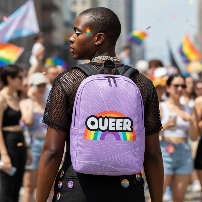 Rear view of a person wearing a lavender backpack marked “QUEER” with a rainbow at Pride