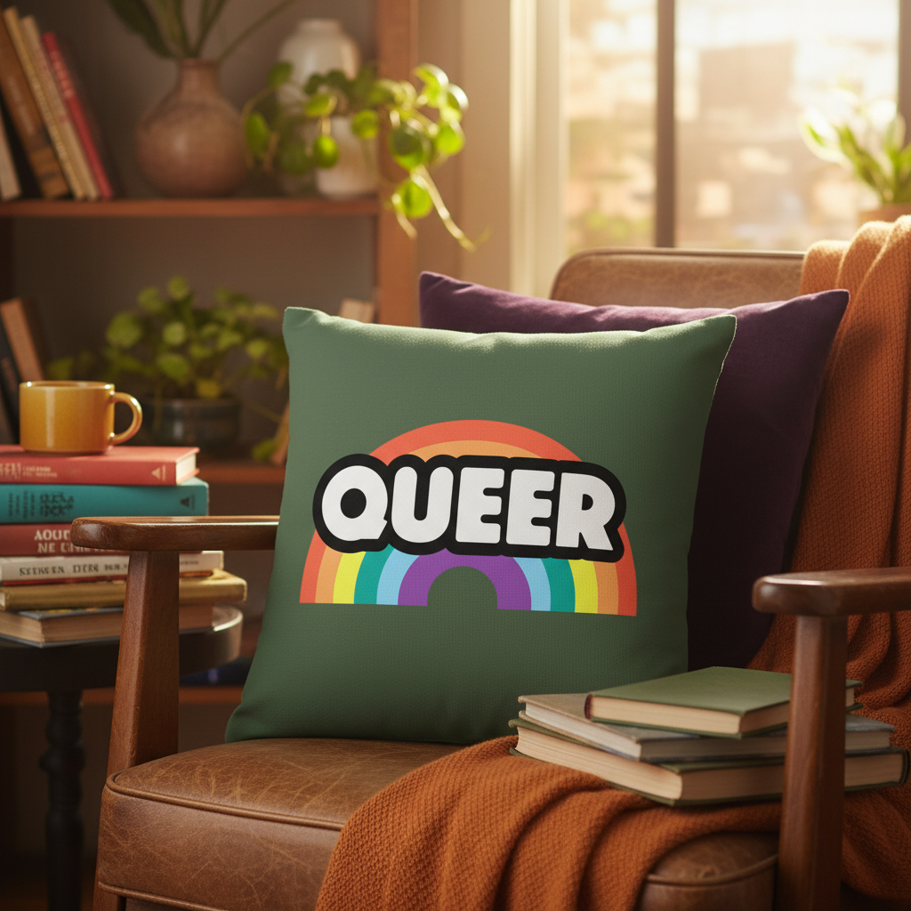 Green Queer Rainbow Pillow with a rainbow graphic and “QUEER” in bold white letters on an armchair in a sunlit living room.
