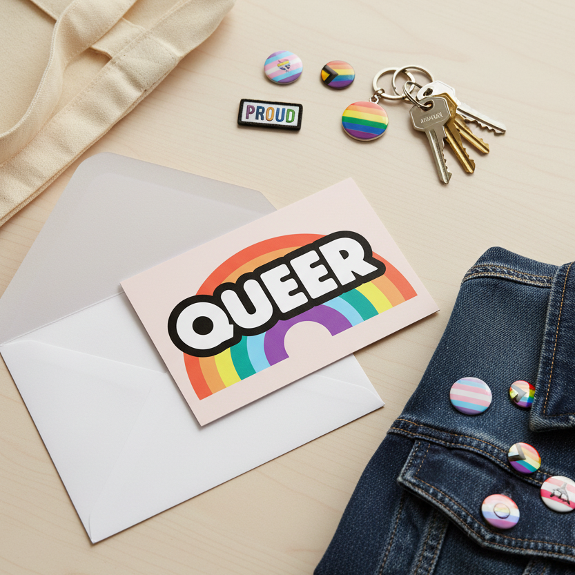 Queer Rainbow Postcard beside open envelope, LGBTQ+ pride stickers, "PROUD" pin, rainbow-striped pins on denim, and keys.