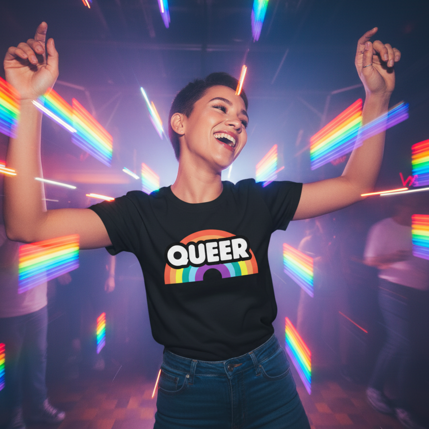 Queer Rainbow T-Shirt in black with a rainbow arc and "QUEER" shines as someone dances under bold rainbow light