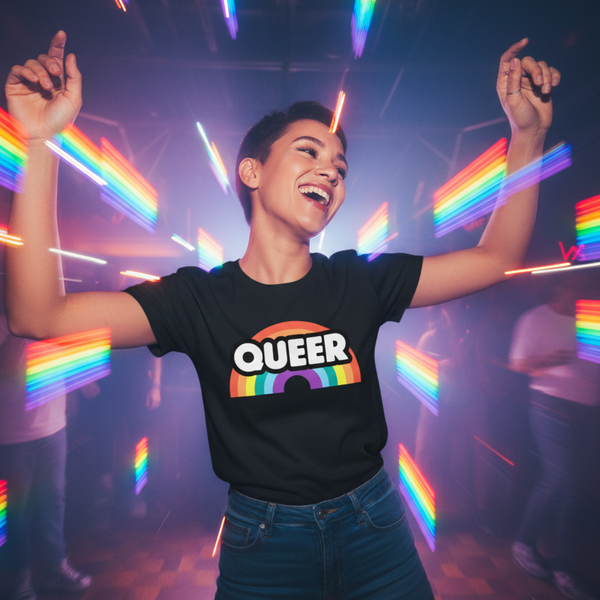 Queer Rainbow T-Shirt in black with a rainbow arc and 