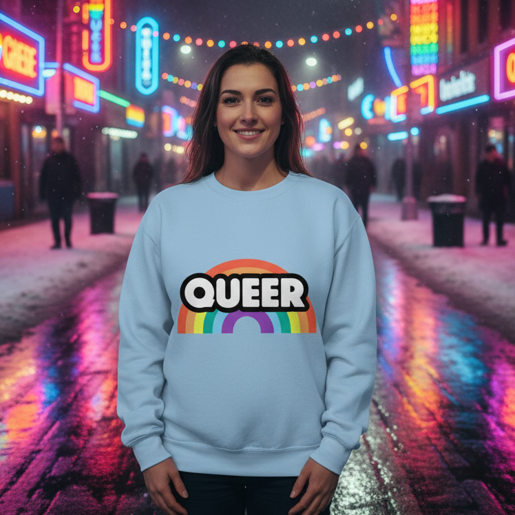 Front-facing model wearing a light blue sweatshirt marked “QUEER” over a rainbow graphic
