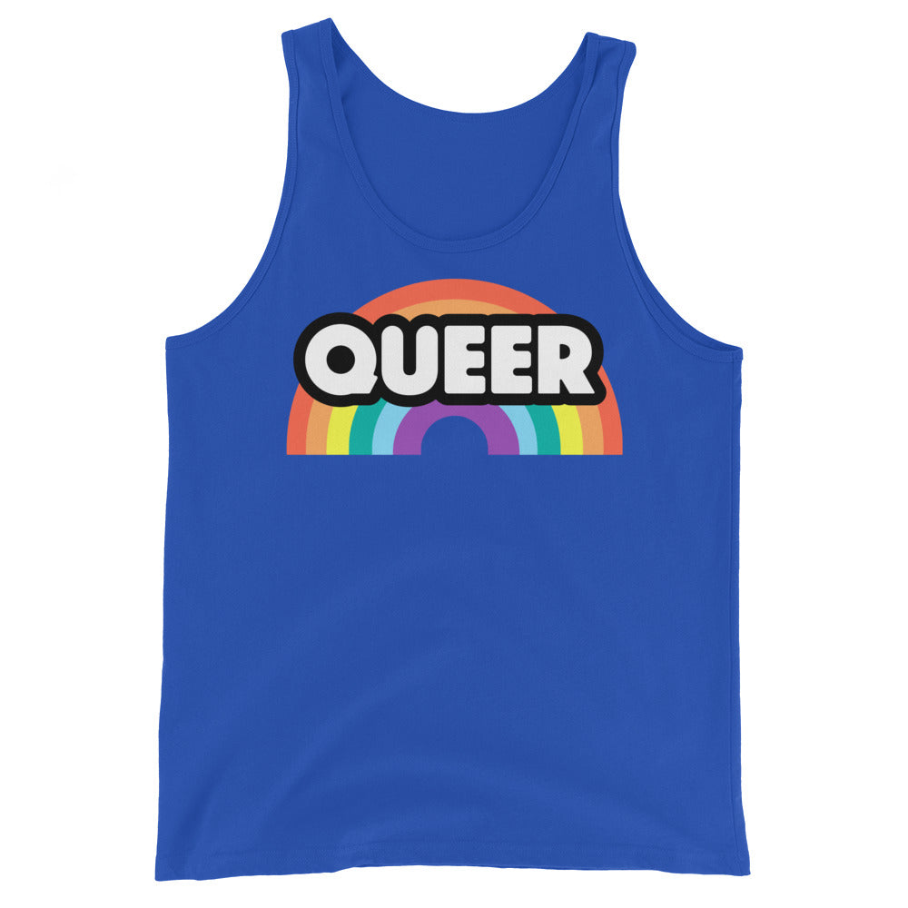 Unisex royal blue tank top with "QUEER" in bold white 3D letters, black outline, above a bright rainbow arch