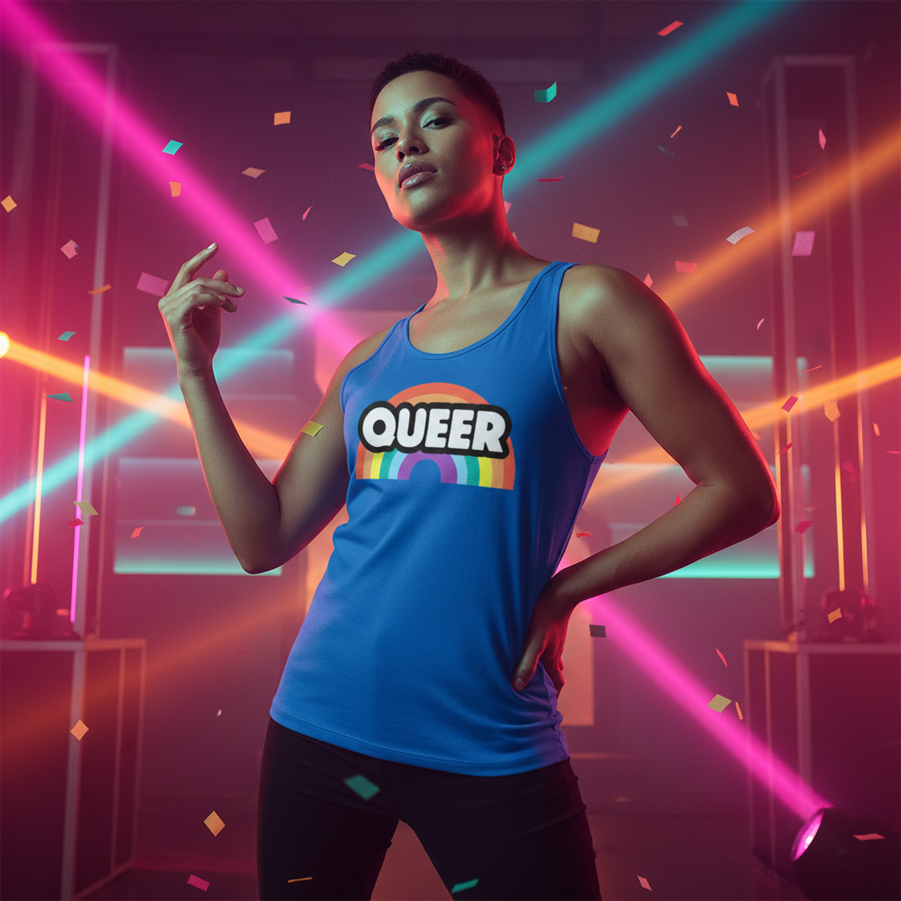 Queer Rainbow Unisex Tank Top in neon-lit space, worn with confidence; confetti and lights radiate a lively