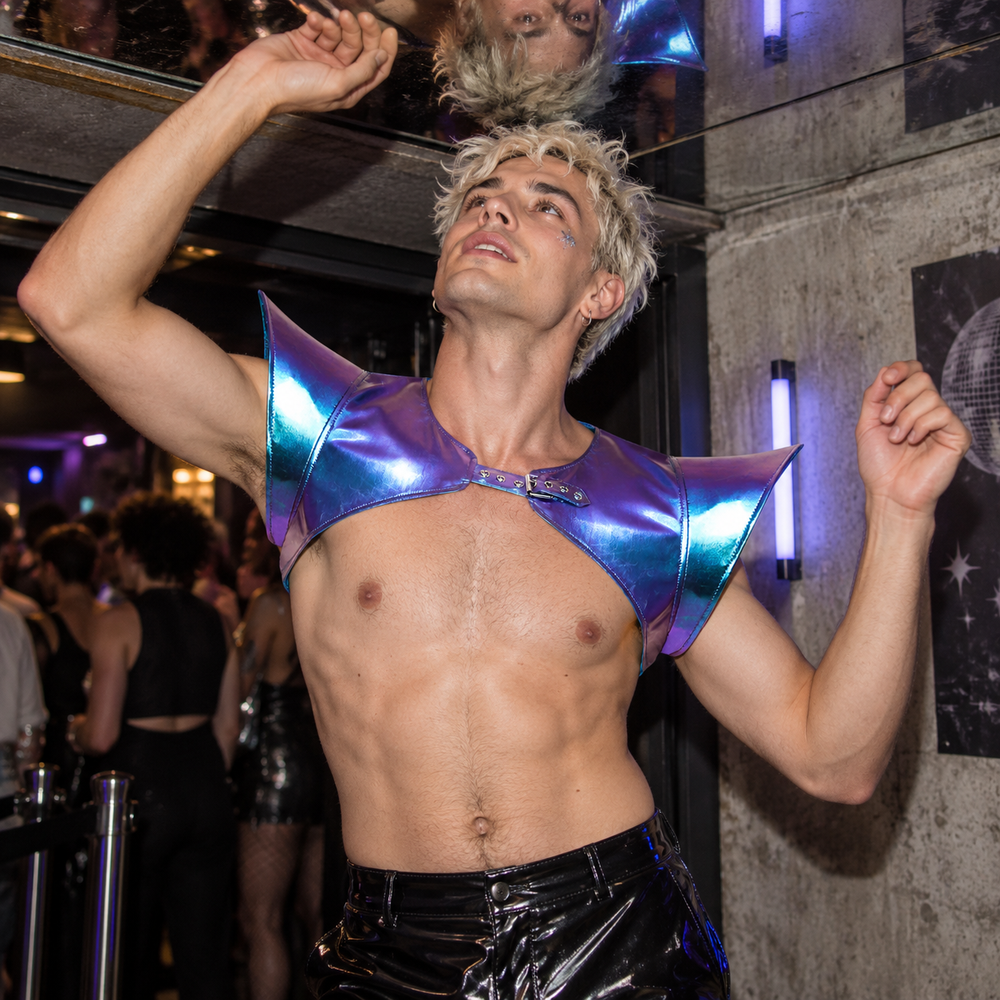 Queer Shoulder Pads Of Destiny in Holographic Blue Crop Top.