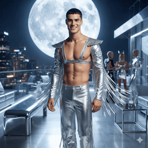 Smiling model wearing silver pointed shoulder pads with long fringe in a moonlit room