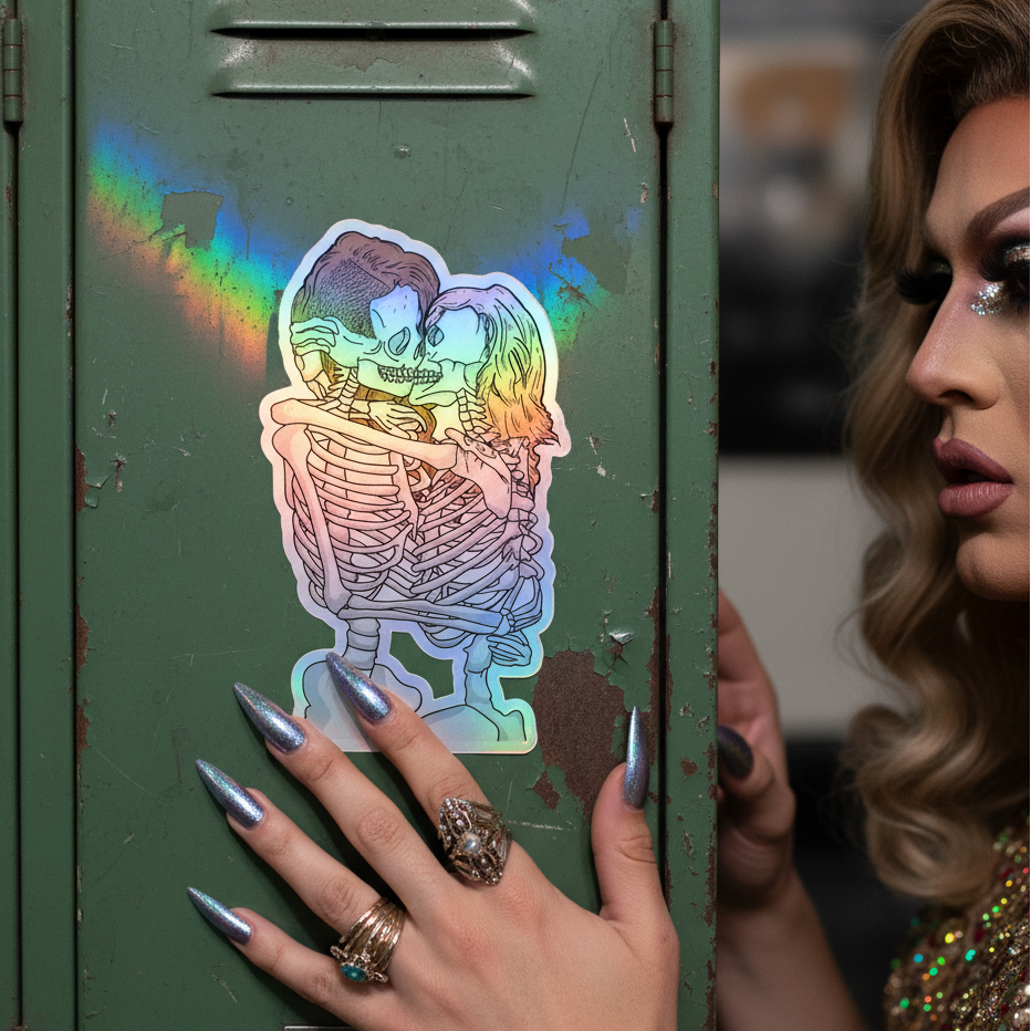 Queer Skeletons Holographic Sticker on green locker door shows two skeletons kissing