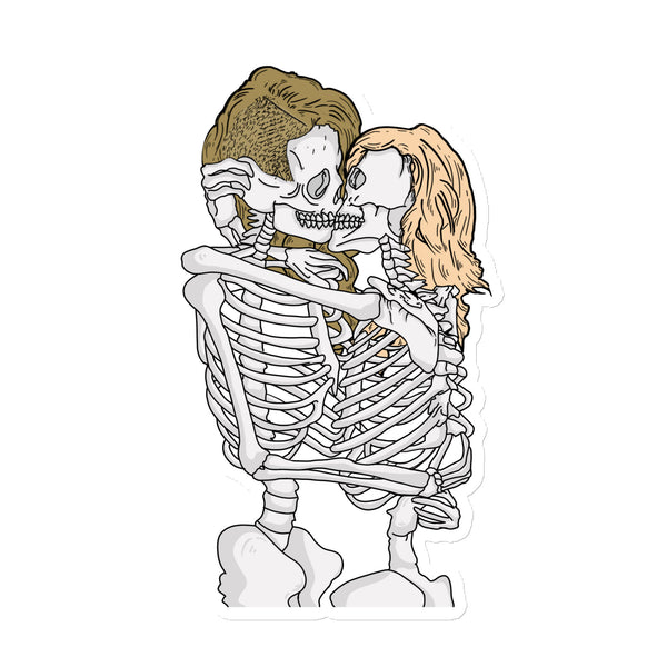 Magnetic vinyl sticker of two queer skeletons, one with short brown hair and one with long blonde hair