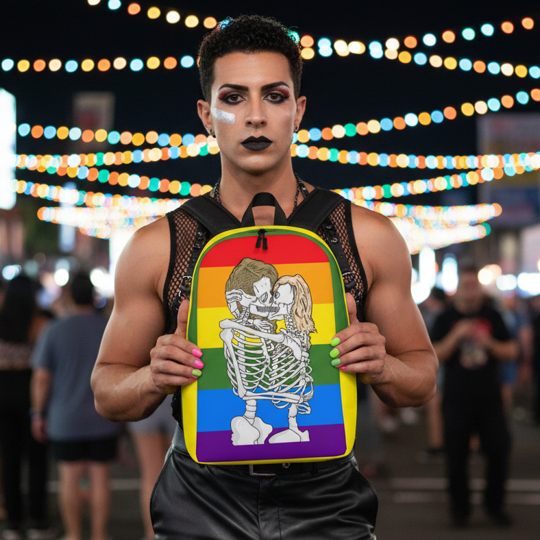 Queer Skeletons Minimalist Backpack with two embracing skeletons, held by a festival-goer in dark lipstick, mesh top