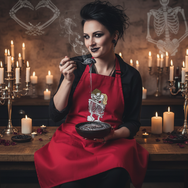 Person in black clothing wears a red apron with a skeleton couple graphic in a candlelit room
