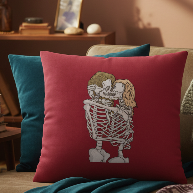 Red Queer Skeletons Pillow shows two skeletons, one with long hair, kissing