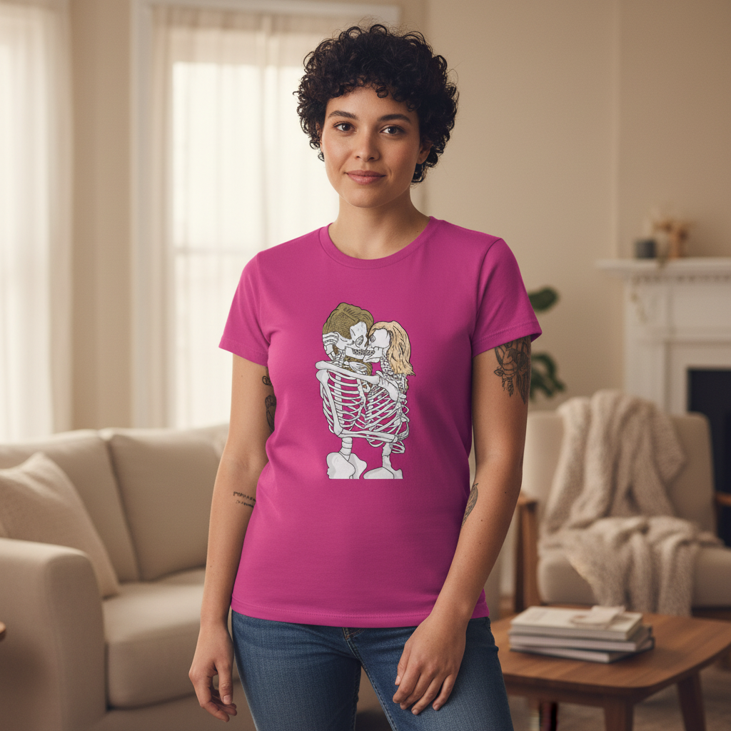 Queer Skeletons T-Shirt in bright pink cotton, LGBT style with cartoon skeleton and person hugging