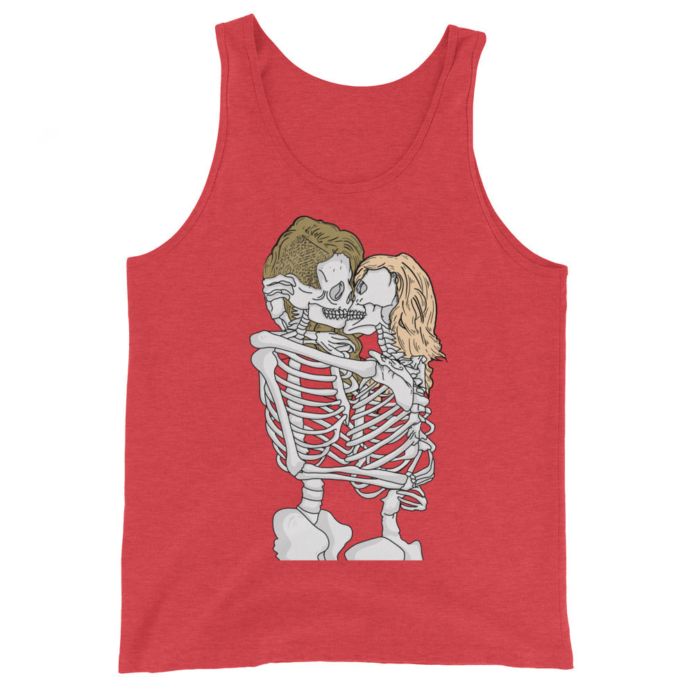 Red tank top featuring a front graphic of two skeletons kissing and embracing
