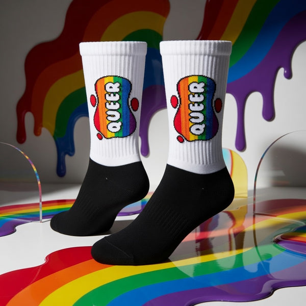 Crew-length socks with black feet, cushioned soles, a rainbow badge, bold 