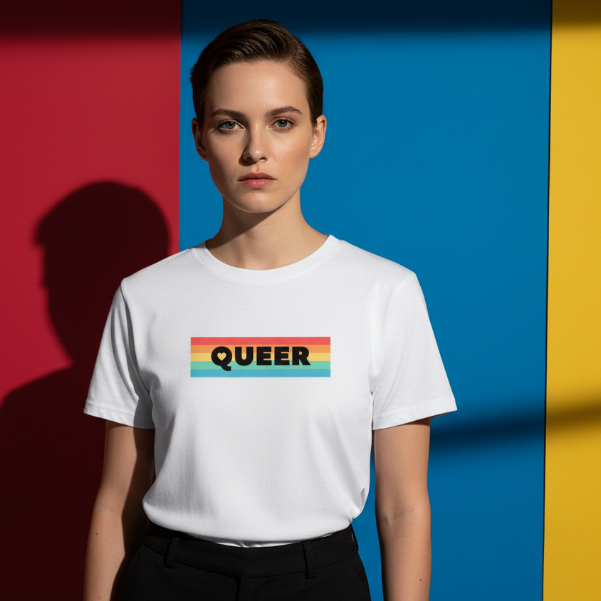 Queer T-shirt is white with “QUEER” over a rainbow stripe