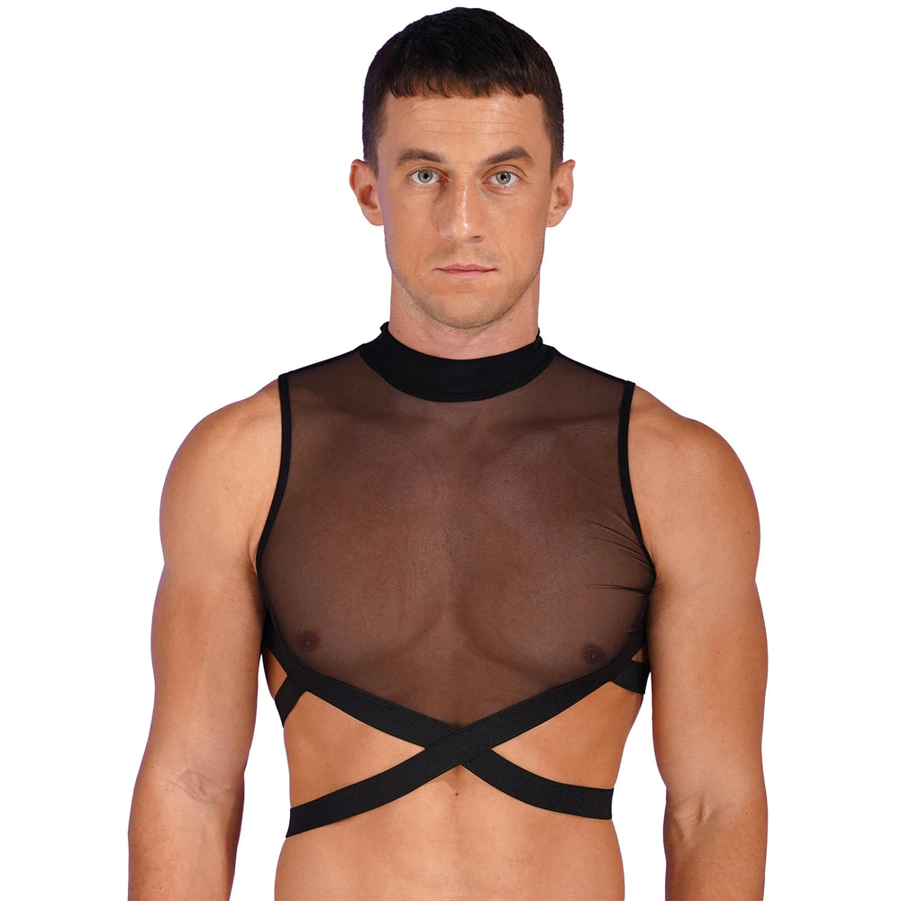 Front-facing model wearing a sheer black mesh vest with crossed straps and high neck