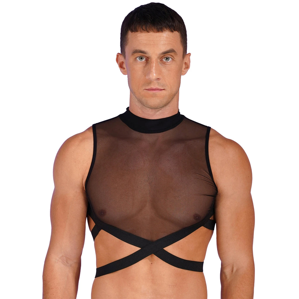 Front-facing model wearing a sheer black mesh vest with crossed straps and high neck