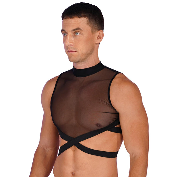 Front three-quarter view of a person wearing a sheer black mesh vest with crossed underbust straps
