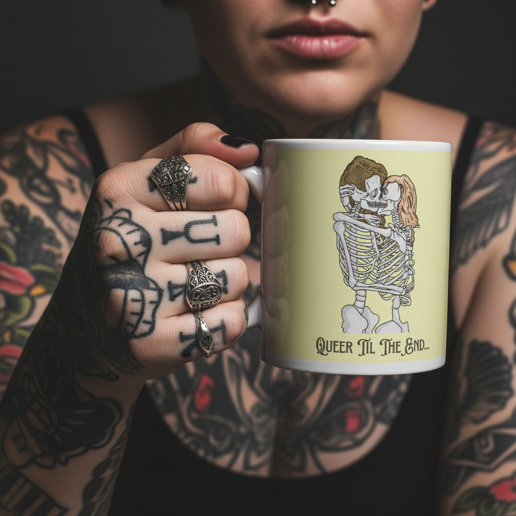 Tattooed person holds a pale green mug showing embracing skeletons and “Queer ’Til the End...”