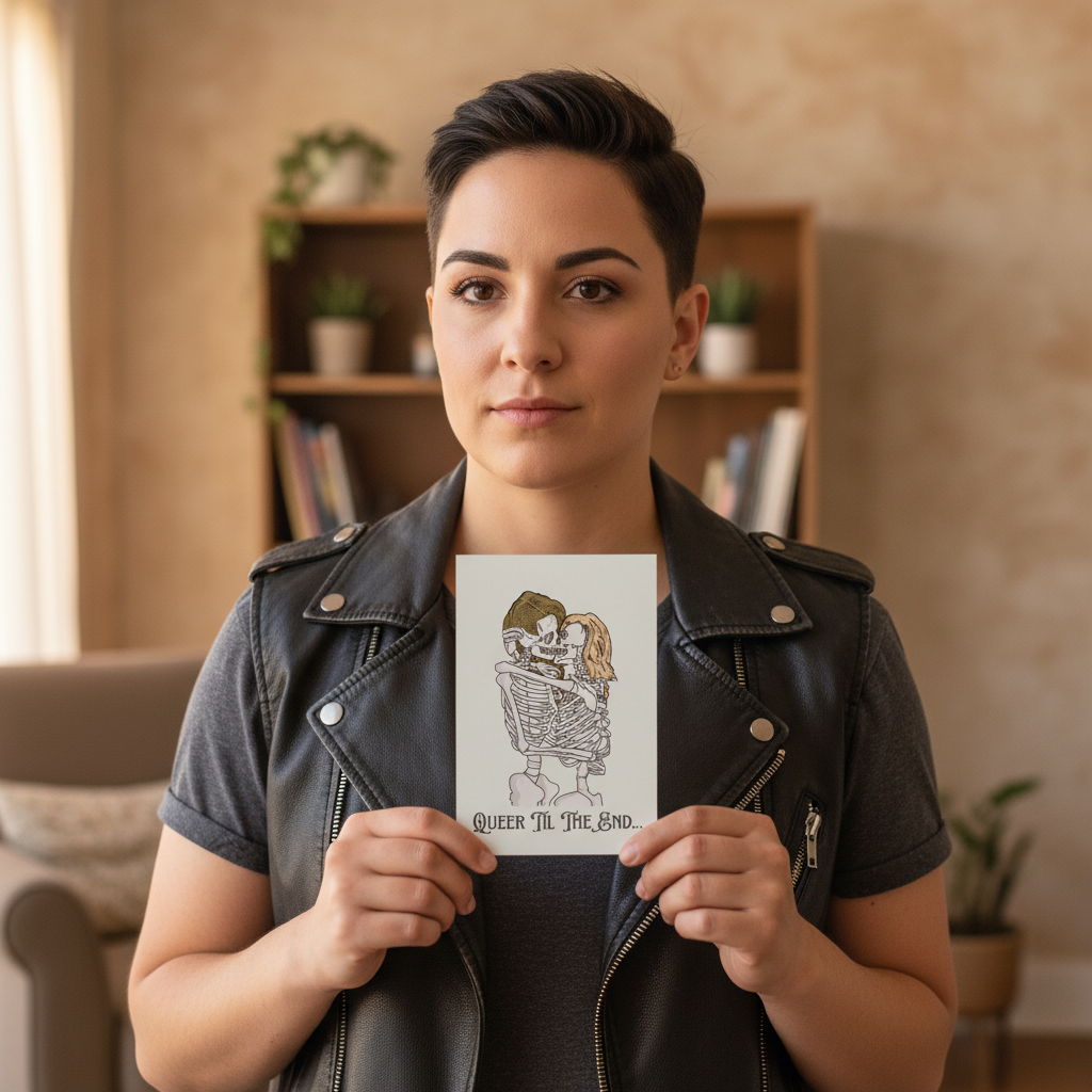 Person holding postcard with embracing skeletons; queer Pride postcard with “Queer Til The End” design