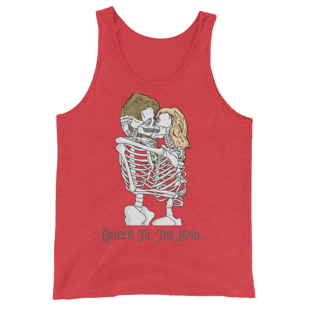 Unisex tank top showing two skeletons, one with brown hair and one orange