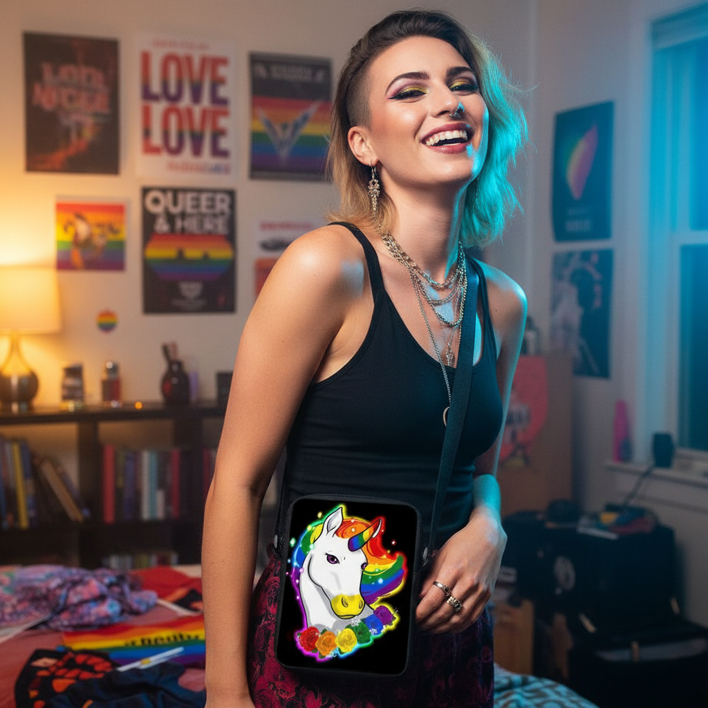 Queer Unicorn Shoulder Travel Bag with rainbow unicorn, carried by a smiling person