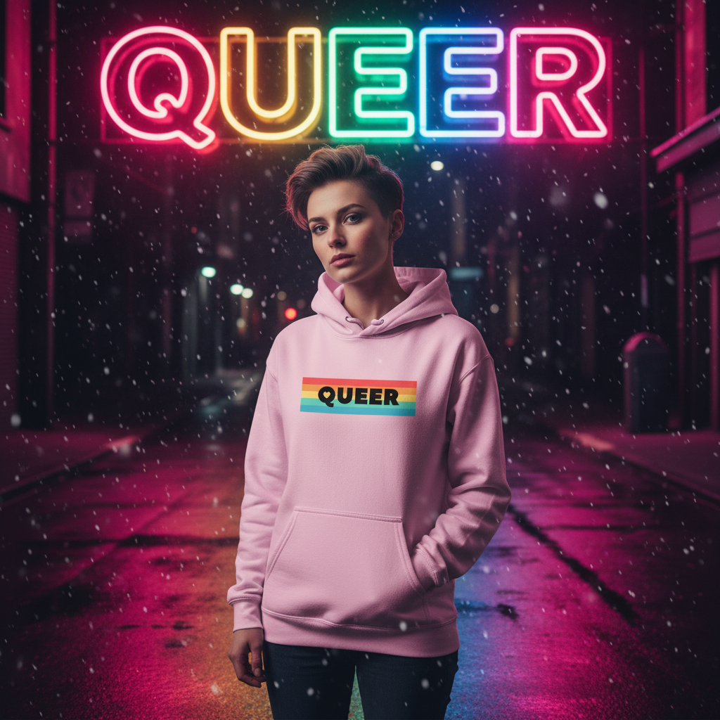 A person wears the Queer Unisex Hoodie with a rainbow stripe and QUEER text