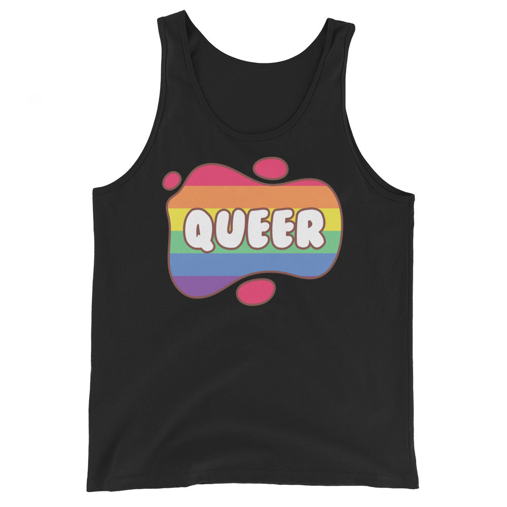 Front view of a black tank top with a rainbow graphic and the word “QUEER”