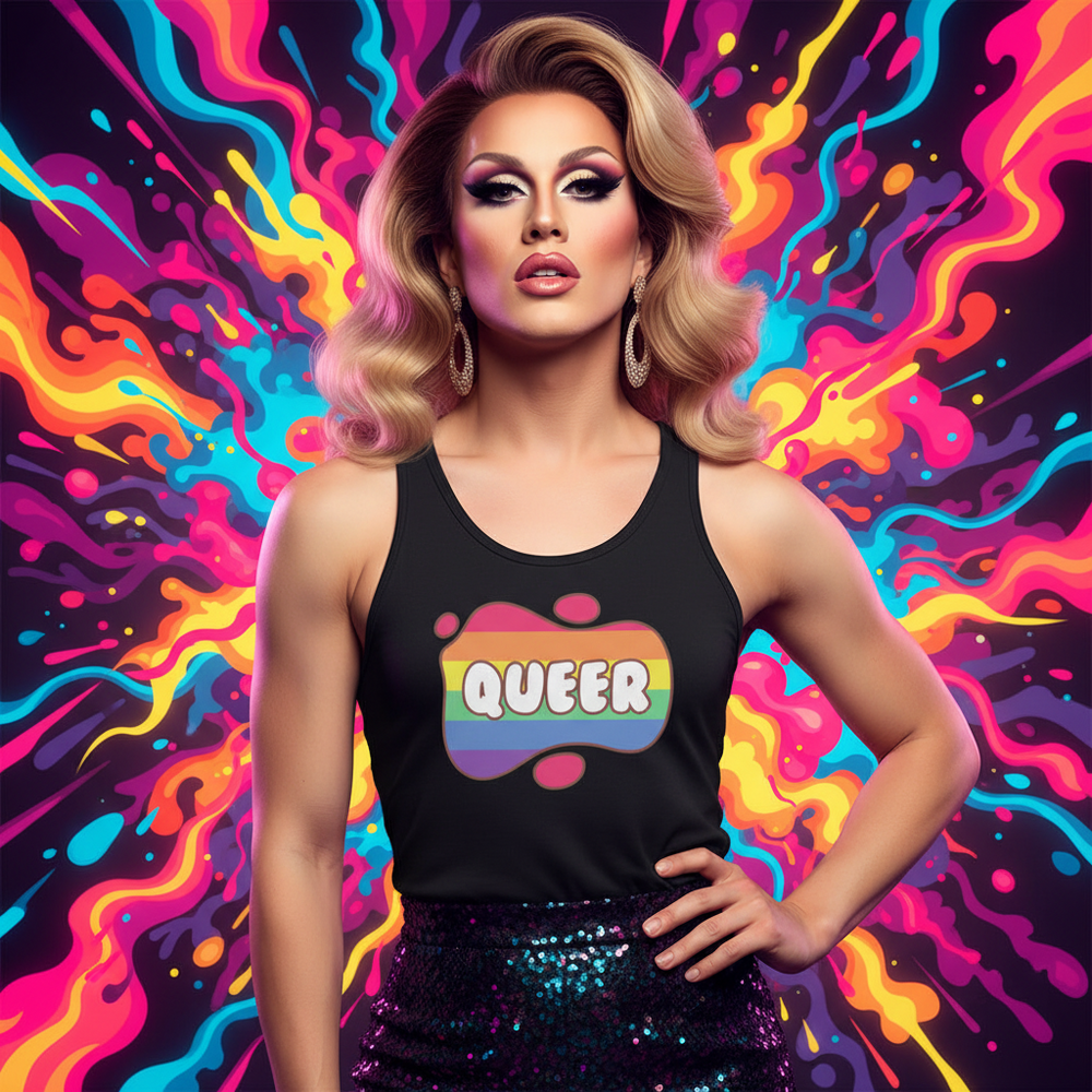 Queer Unisex Tank Top with rainbow “QUEER” lettering, rocked by a blond drag queen posing amid bold, paint-splatter colors.