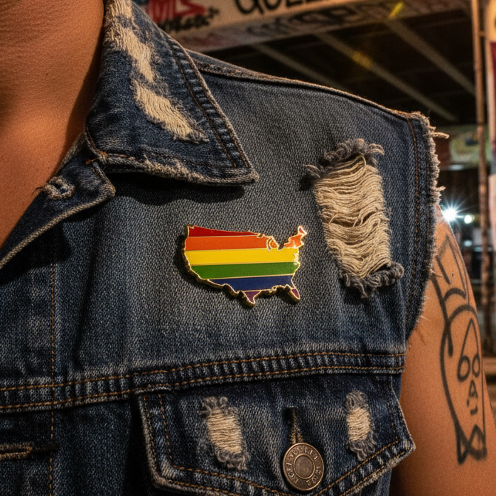 Close-up of a rainbow-striped USA map enamel pin on a distressed denim vest