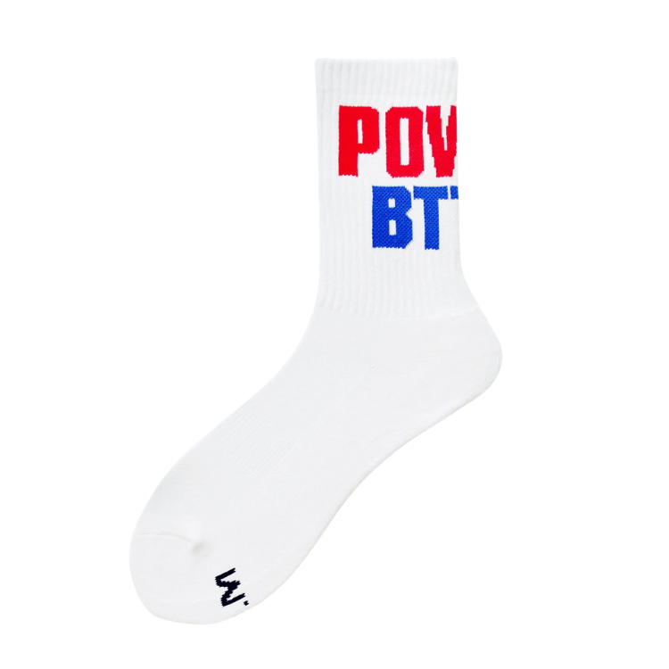 Single white crew sock with red and blue block lettering, shown from the side