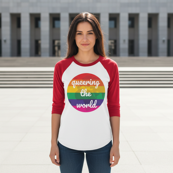 3/4 sleeve raglan pride shirt in white with red sleeves, rainbow circle, and 