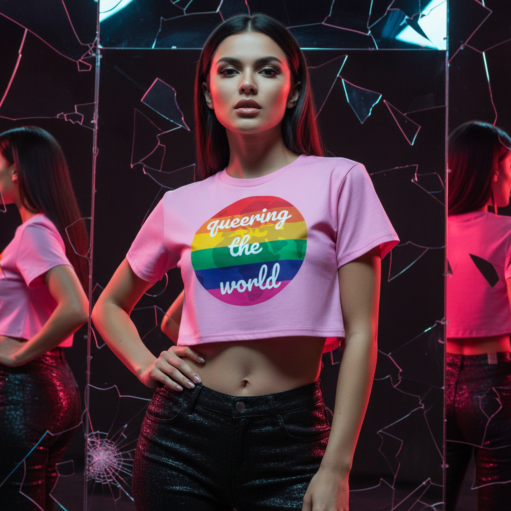 Queering The World Crop Top in pink with a rainbow and bold “Queering The World” slogan, sparkly black pants