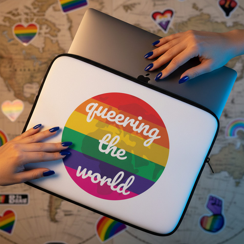 Queering The World Laptop Sleeve in white, rainbow-striped circle and "queering the world" text, held by blue-nailed hand