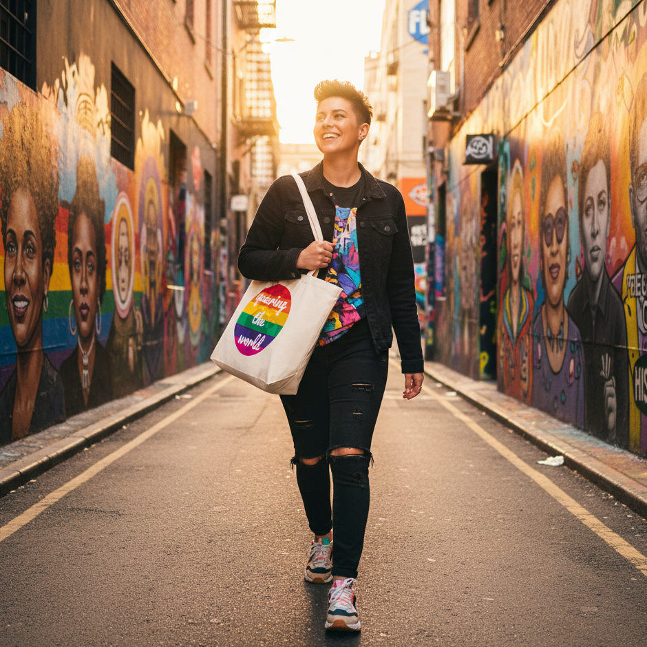 Rainbow “Queering the World” organic tote bag carried through a colorful mural-lined street