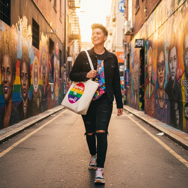 Rainbow “Queering the World” organic tote bag carried through a colorful mural-lined street