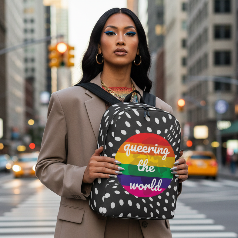 Queering The World Minimalist Backpack with rainbow circle and slogan, worn by chic city queer in tan blazer, gold jewelry