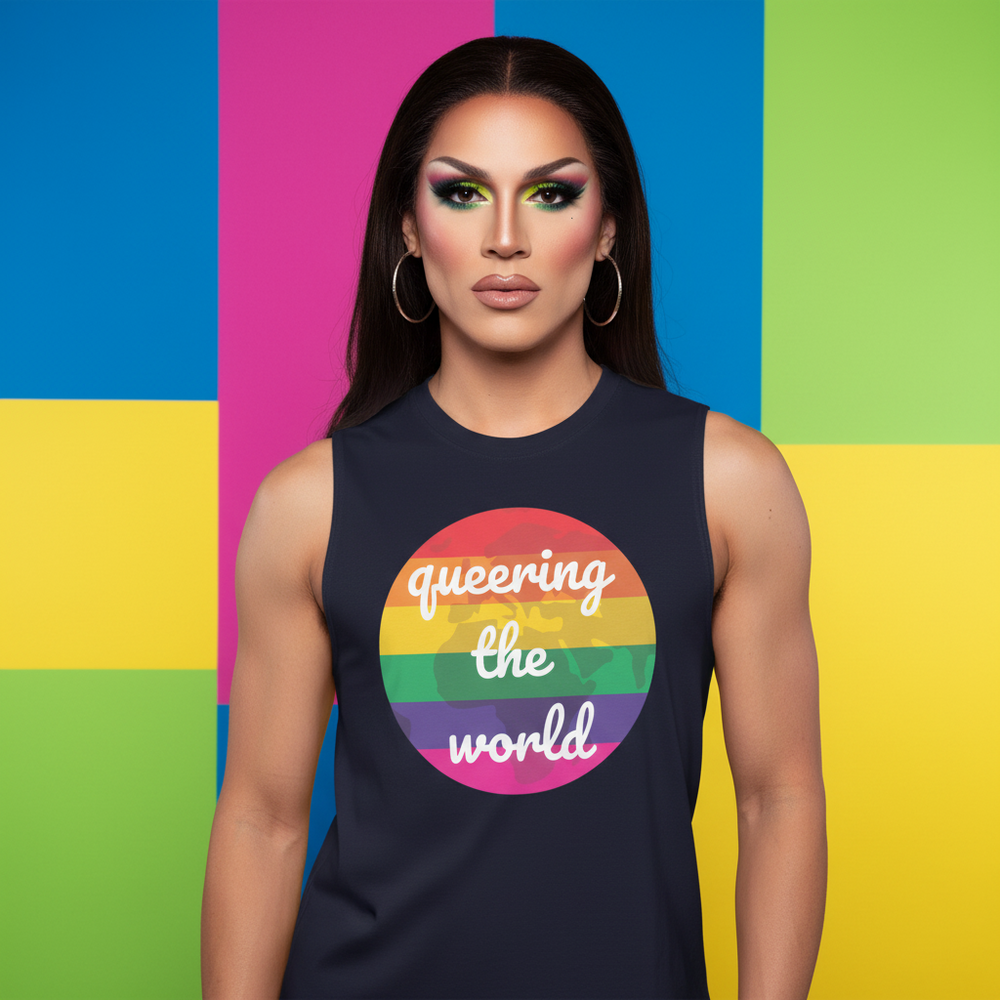 Queering The World Muscle Top with a chill fit, rainbow circle graphic