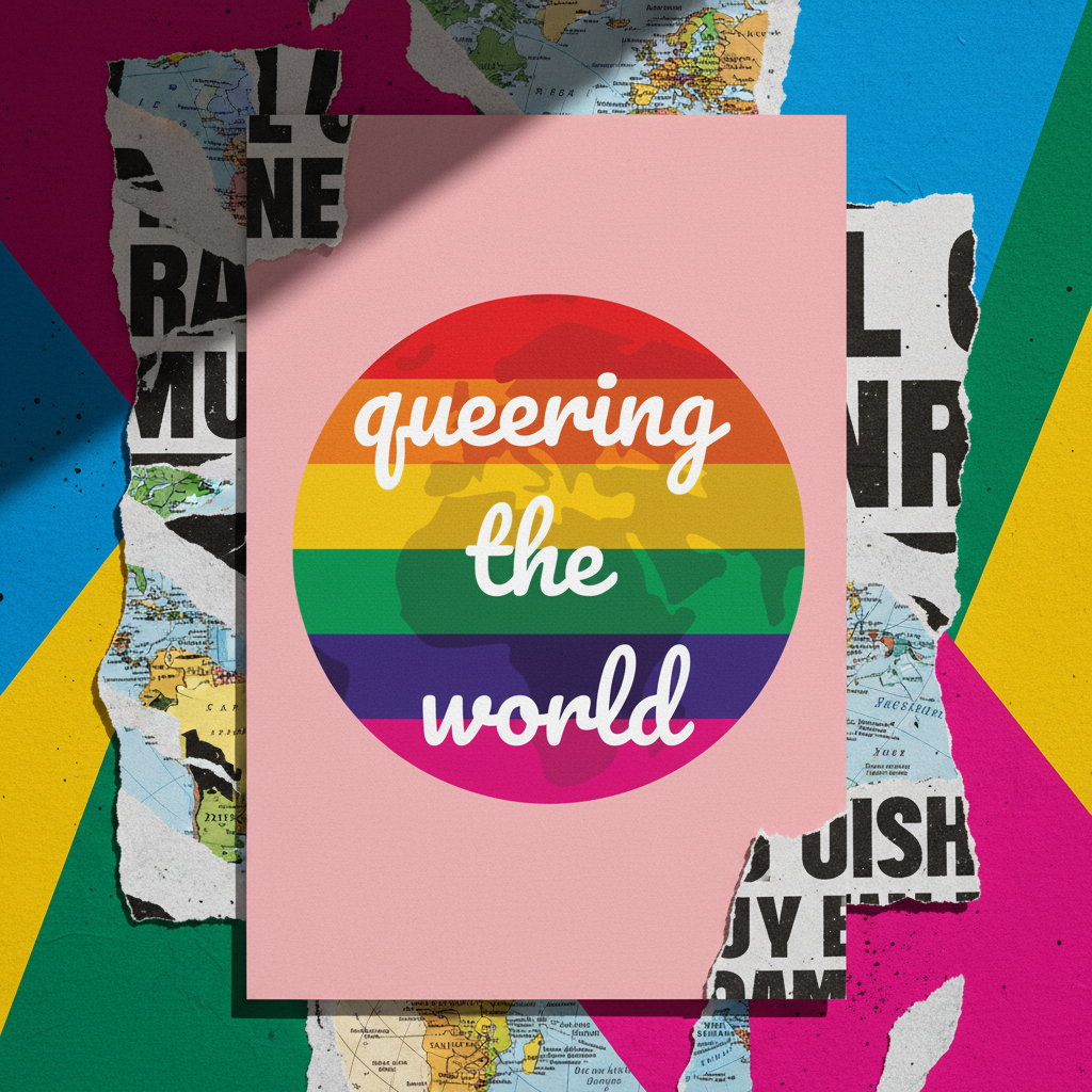 Queering The World Postcard with a pink background, rainbow circle, torn map collage