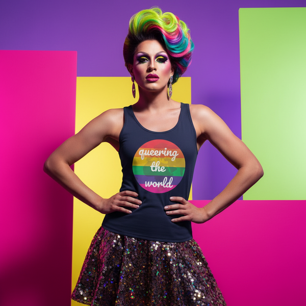 Queering The World Unisex Tank Top with a Pride rainbow circle and 