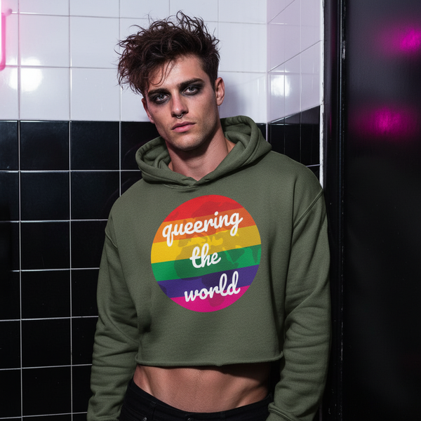 Queering The World Crop Hoodie with rainbow circle and “queering the world” slogan