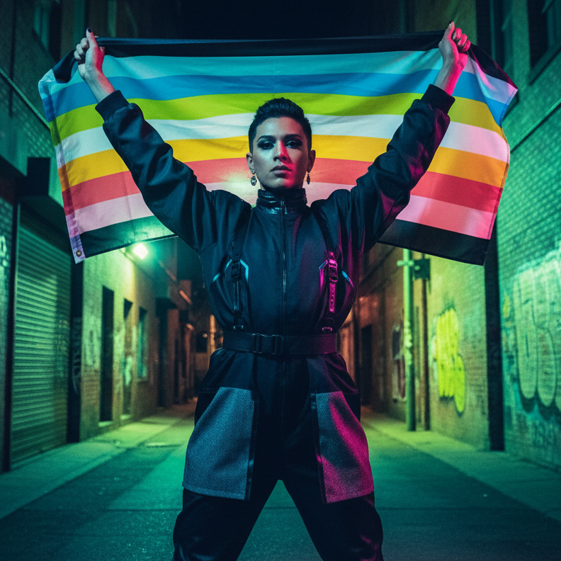 Person holds a multicolored Queer Pride flag overhead in a graffiti-lined alley