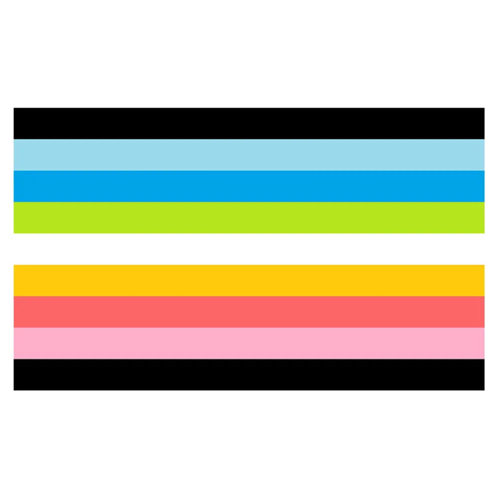 Rectangular queer pride flag with black, blue, green, yellow, pink, and coral stripes