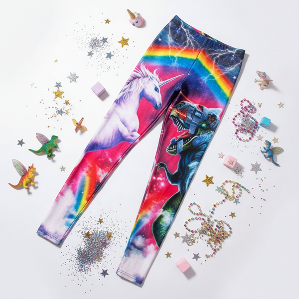 Rainbow unicorn and dinosaur print leggings arranged on a starry, glitter-covered background