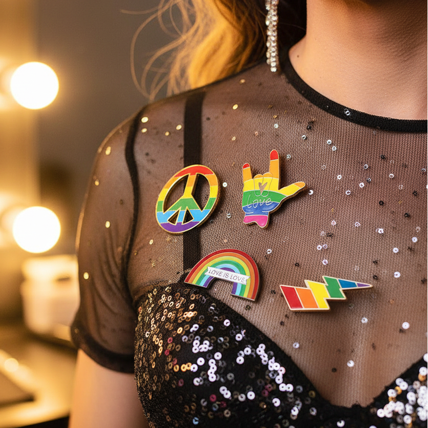 Four rainbow enamel pins on a model’s sheer black sequined top, including peace and love symbols