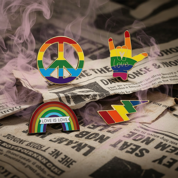 Four rainbow enamel pins arranged on crumpled newspaper amid wisps of purple smoke