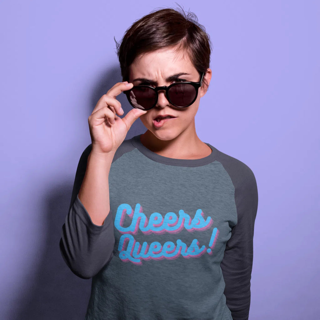White/Black Cheers Queers! 3/4 Sleeve Raglan Shirt by Queer In The World Originals sold by Queer In The World: The Shop - LGBT Merch Fashion