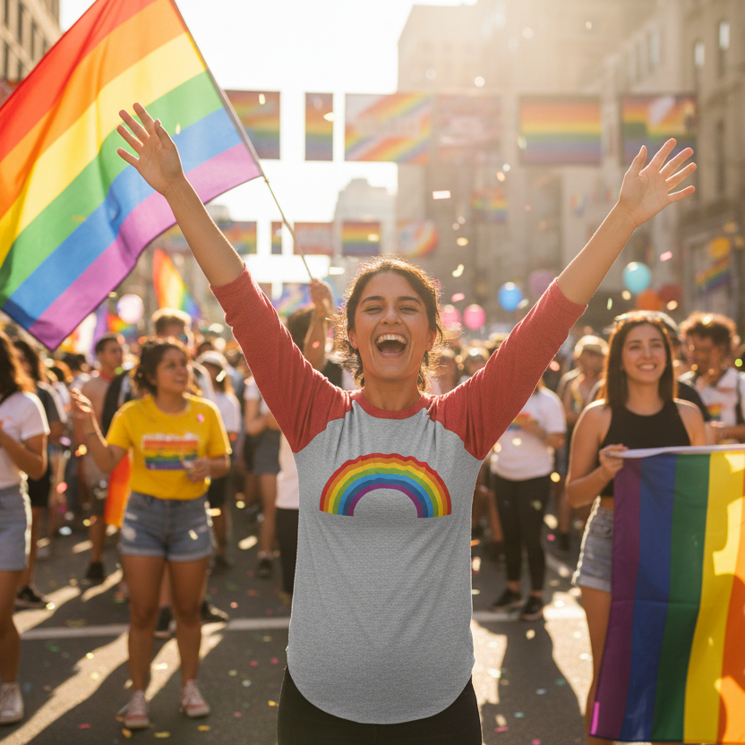 Rainbow 3/4 Sleeve Raglan Shirt pops on the lead marcher with arms up at Pride
