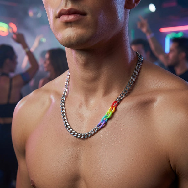 Close-up of a shirtless model wearing a silver chain necklace with rainbow-colored links